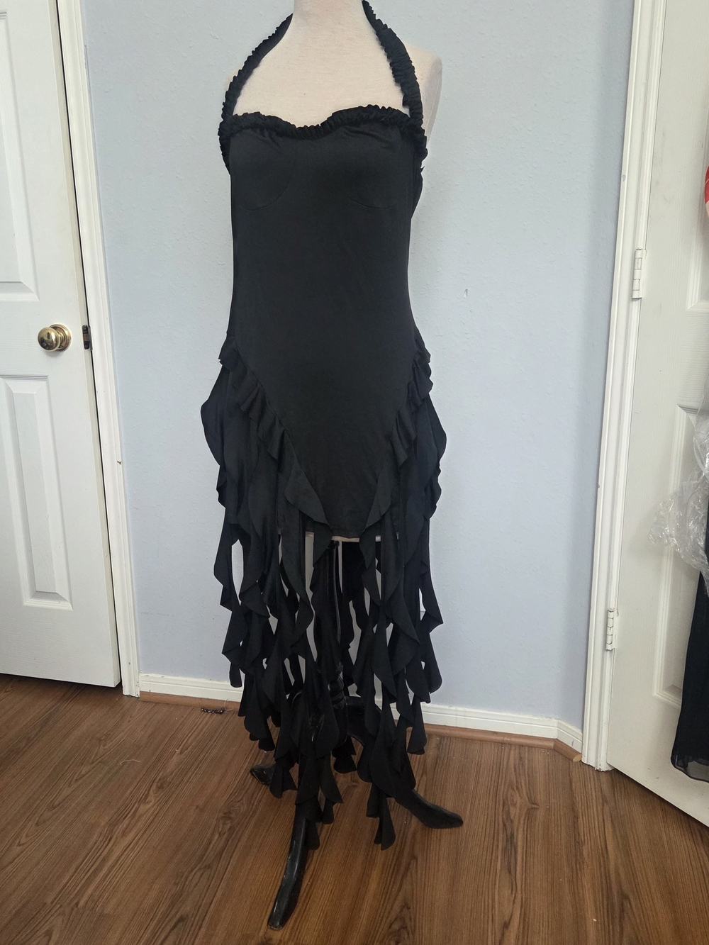 Source Unknown Black Halter Ruffle Fringe High-Low Dress - Picture 2 of 5